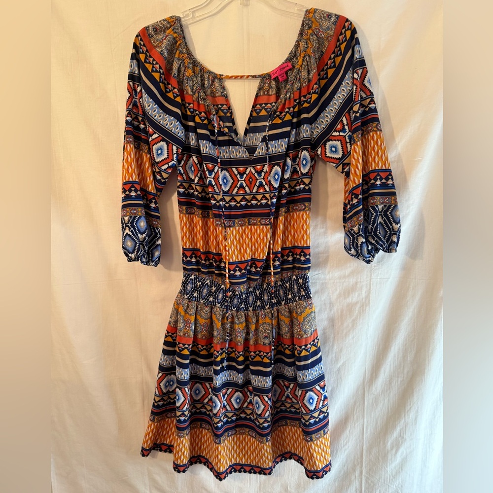 Bohemian Print Dress with Orange and Blue Accents